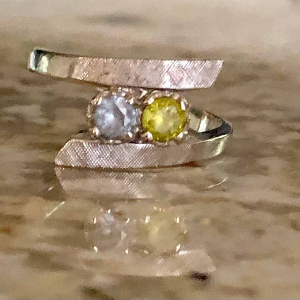 14k white gold vintage “mother ring” with peridot and aquamarine
